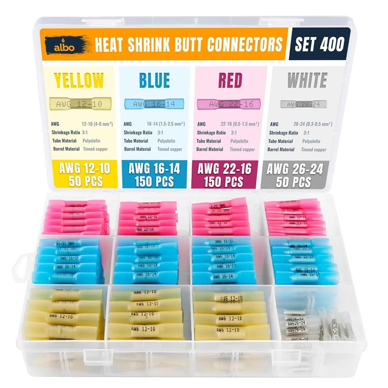 ALBO Set 400 PCS 26-10 AWG Mixing Heat Shrink Butt Connectors - Tinned Copper - Marine Grade Insulated Crimp Wire Connectors - Waterproof Electrical Connectors - Butt Splice for Auto, Marine, Stereo - Image 1